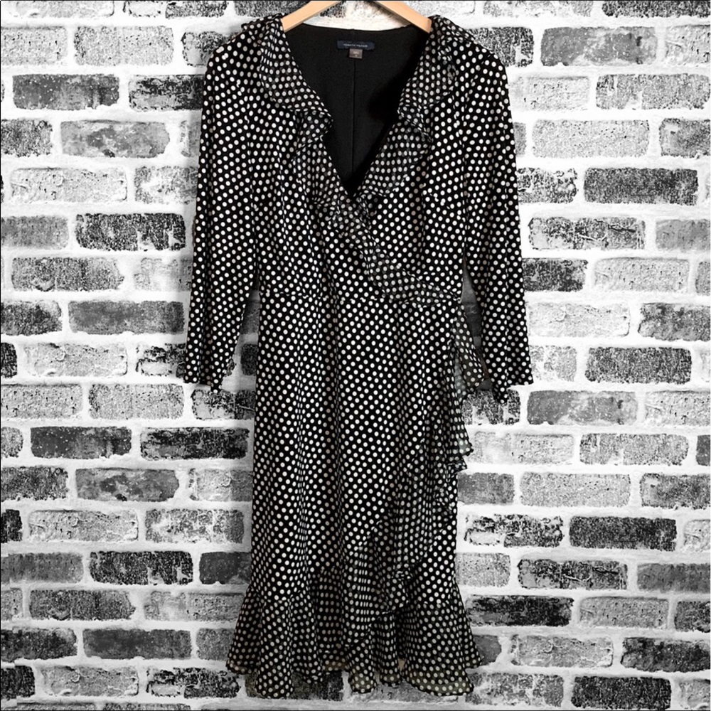 Tommy Hilfiger Faux Wrap Ruffle Polka Dot Midi Dress